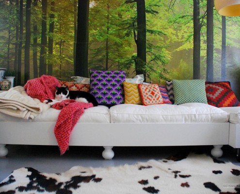 Белый диван с разноцветными подушками под пейзажными фотообоями