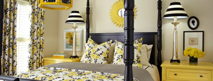 Жёлтые шторы в дизайнерской спальне