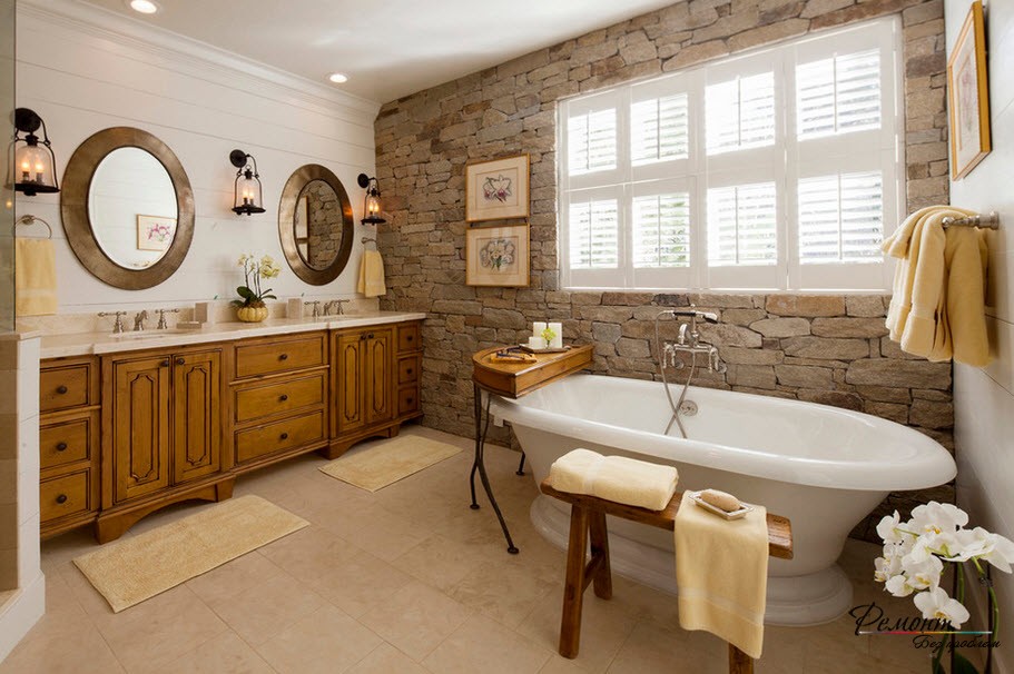Ванна кімната з оздобленням з натурального та штучного каменю на фото