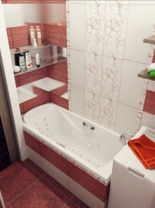 Красная плитка с рисунком в ванной