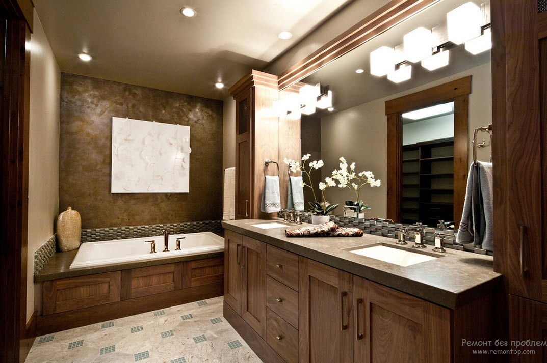 Красивый интерьере ванной комнаты с декоративной штукатуркой на стенах