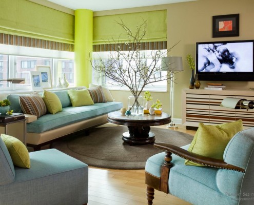 Гостиная. Сочетание салатного и голубого