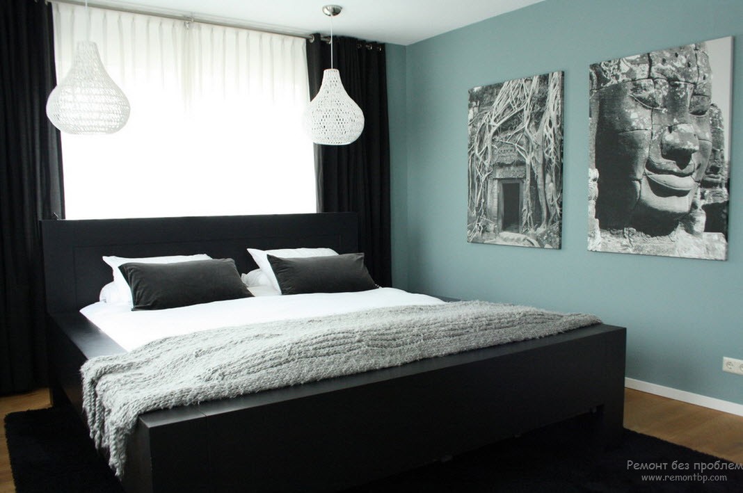 Черно-белая спальня в стиле этно