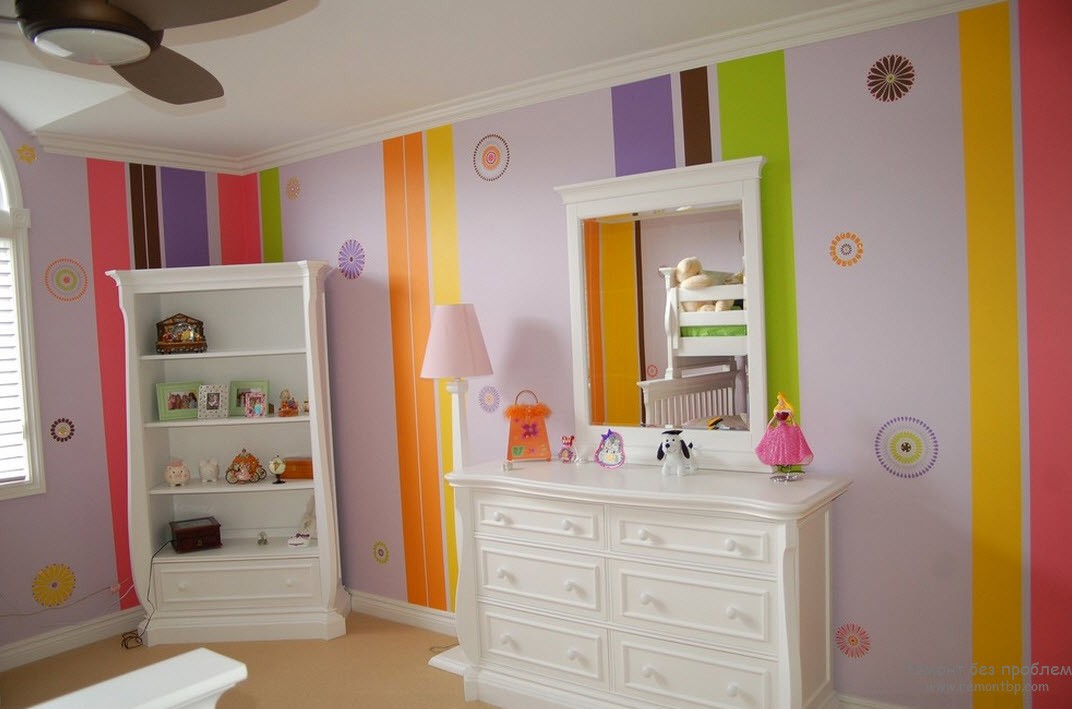 Вертикальні смуги яскравих кольорів чергуються із візерунком на стінах дитячої кімнати.