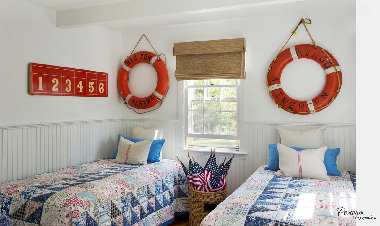 Морской стиль интерьера в детской комнате и римские шторы