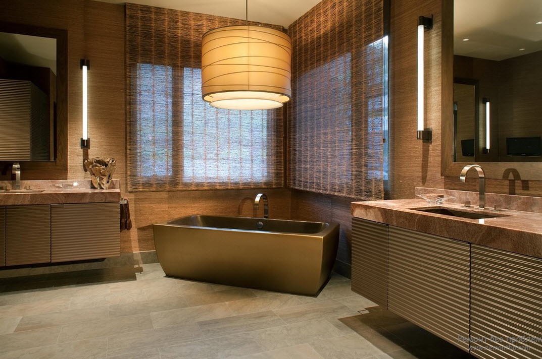 Эффектный интерьер ванной комнаты в коричневых тонах