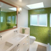 Яркий интерьер ванной комнаты при помощи сочетания белого с зеленым оттенками