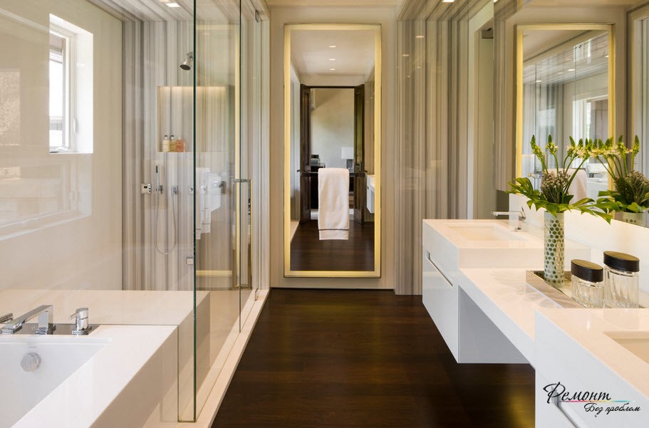 Установленная подсветка должна соответствовать общему дизайну ванной комнаты