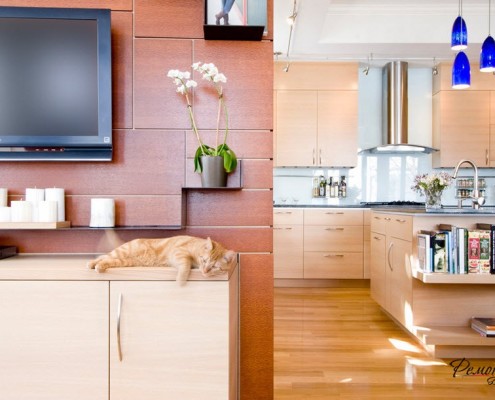 Телевизор на стене гостиной, совмещенной с кухней