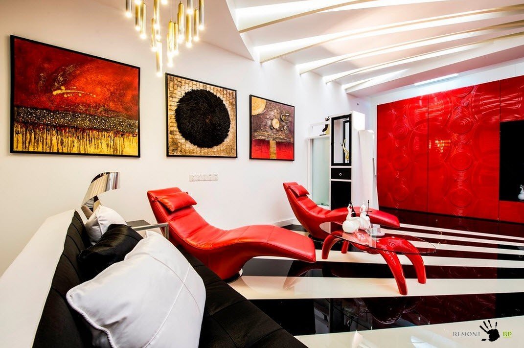 Красный кожаный мебельный гарнитур с журнальным столиком