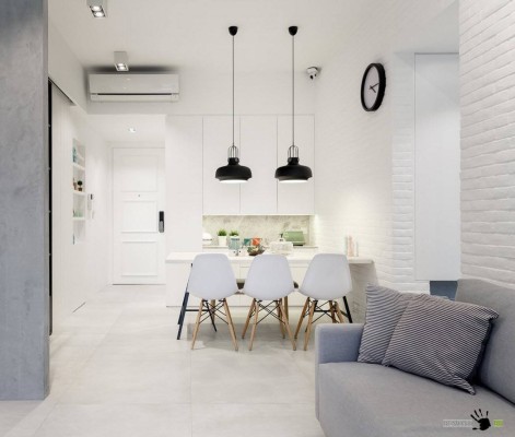 Белоснежная отделка кухни и гостиной