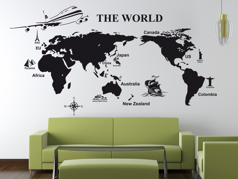 трафарет на стене с изображением карты мира