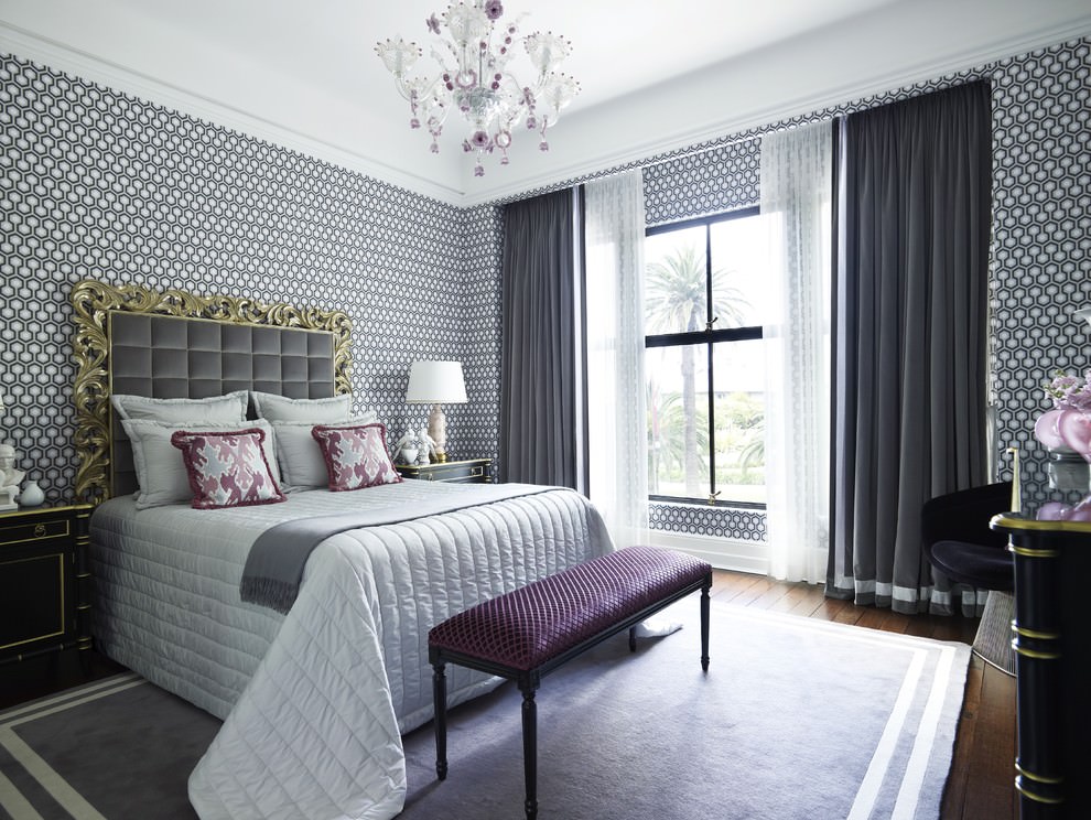 modern-bedroom-with-gray-geometric-wallpaper-idea