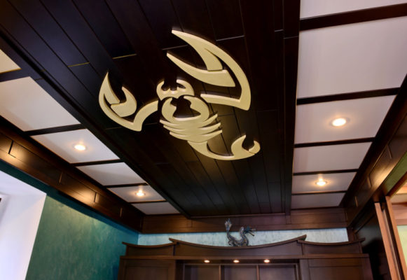 шпонированые панели на потолке