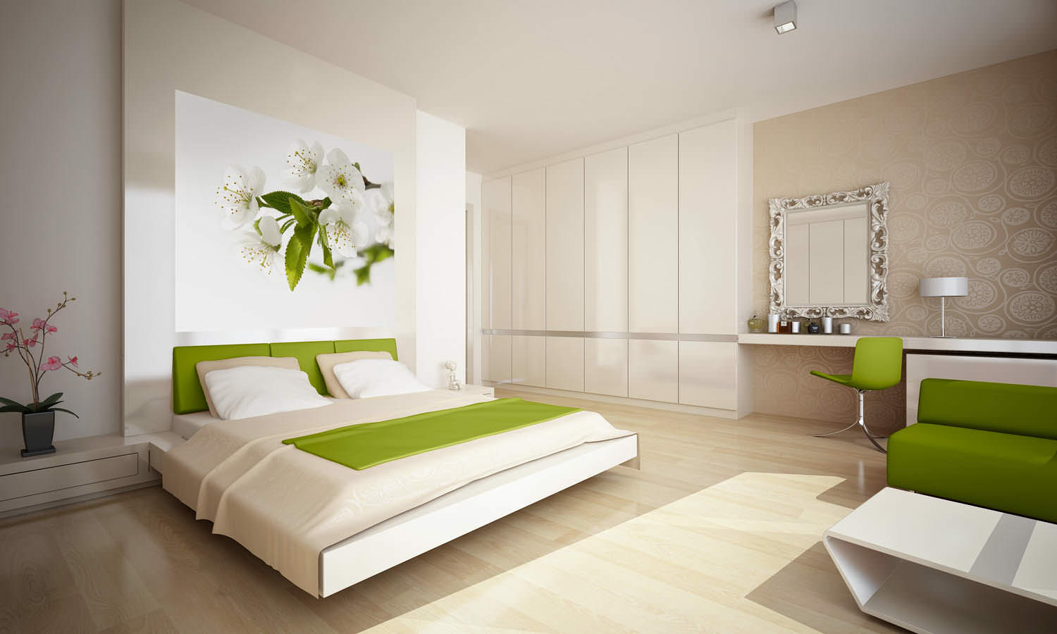 бежевая спальня с сочными оттенками зеленого