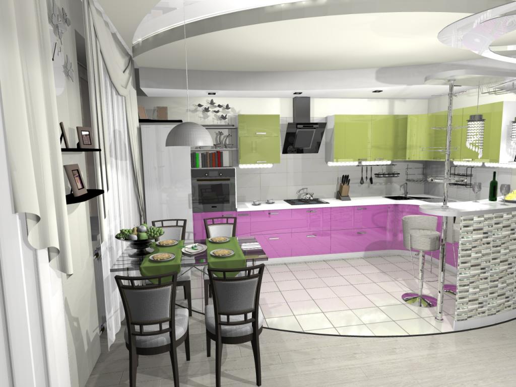 зелена та бузкова кухня-вітальня