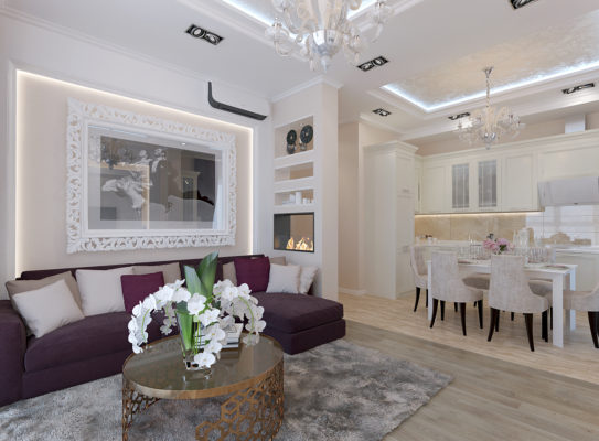 кухня-гостиная с ярким диваном