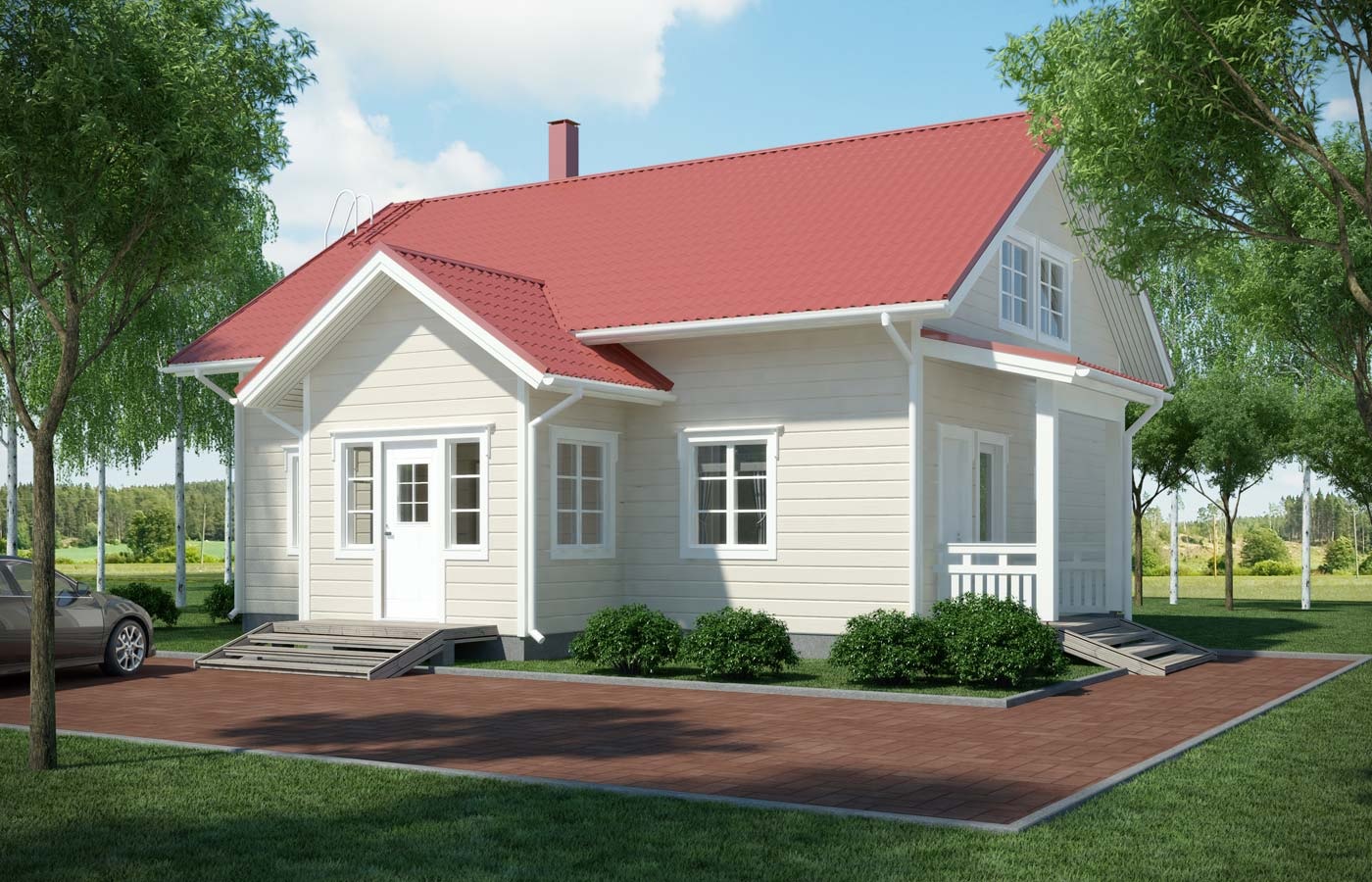 маленький дом из дерева с красной крышей
