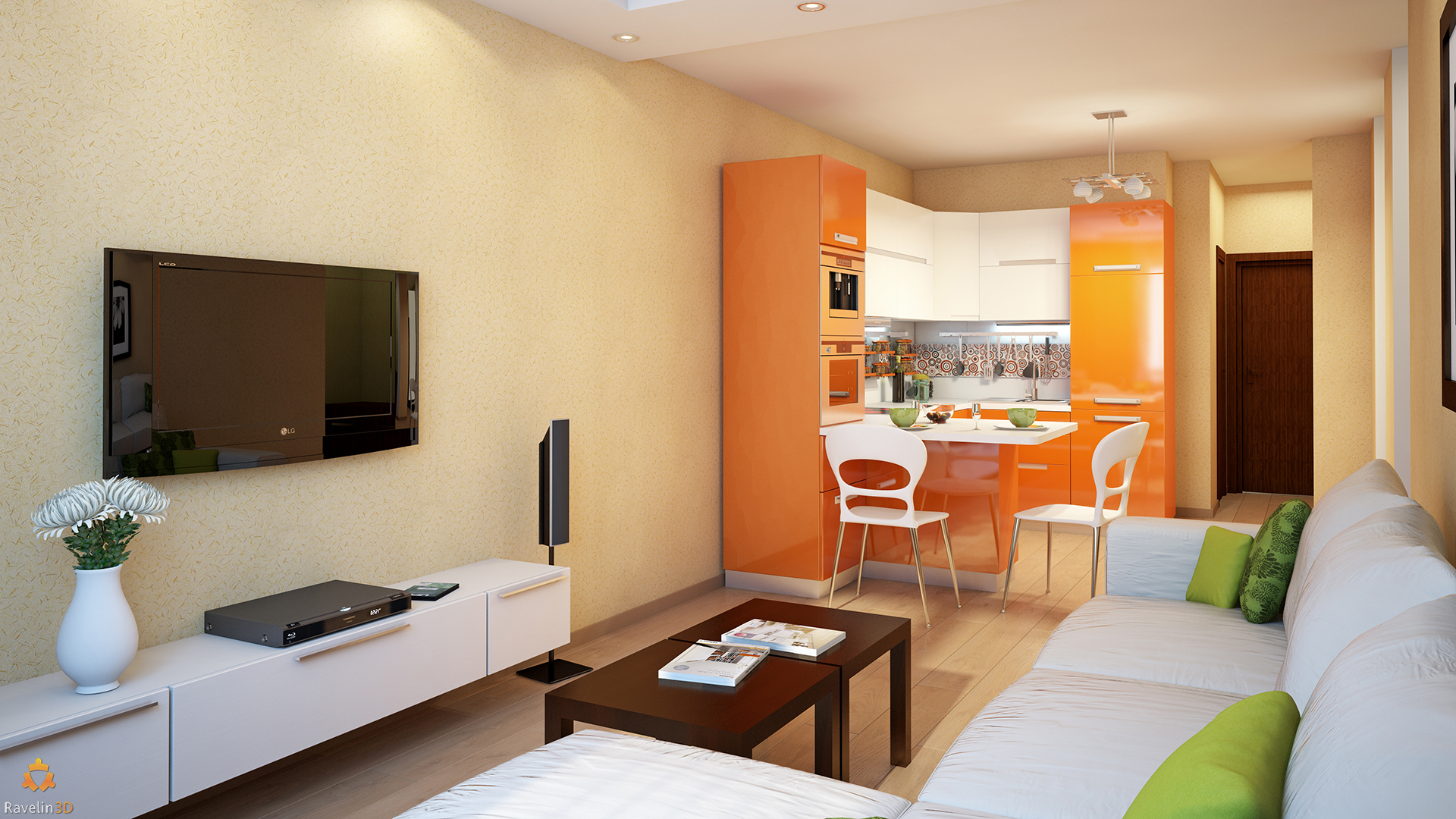 оранжевая кухня и светлая гостиная