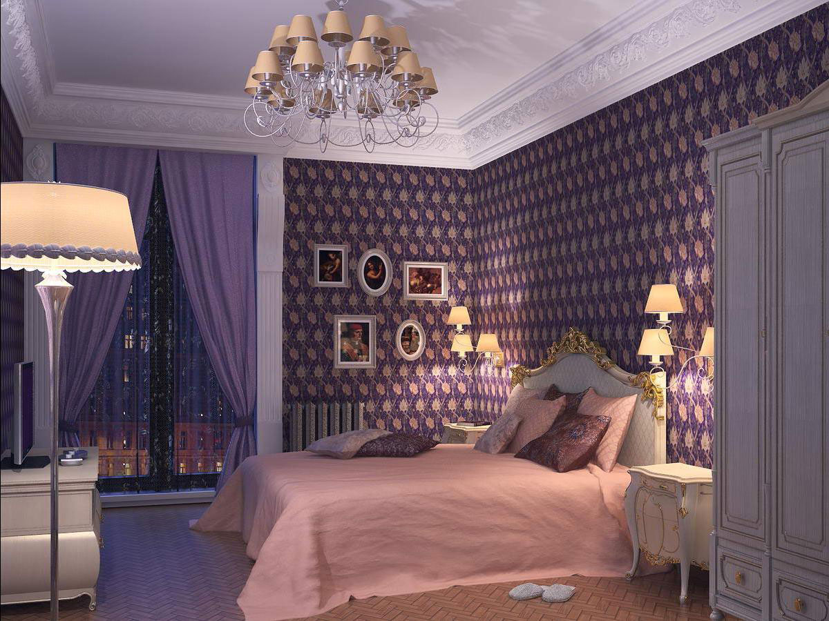 темный фиолет со светлым декором в интерьере спальни