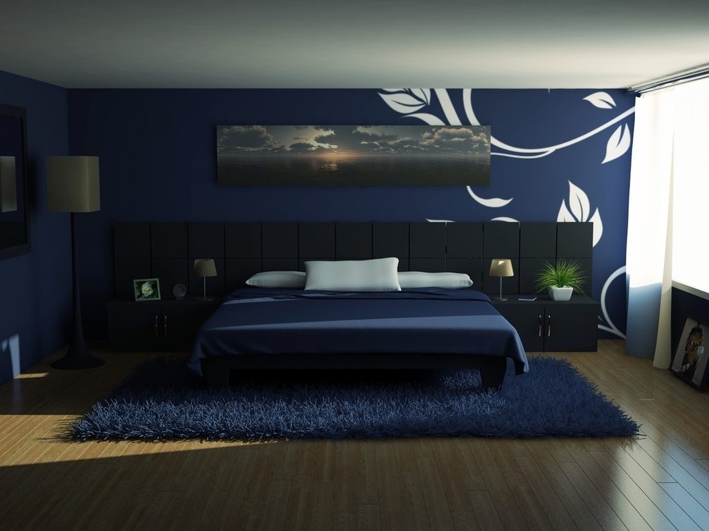 дизайн интерьера спальни в синем цвете