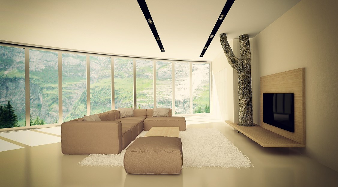 интерьер зала с панорамными окнами