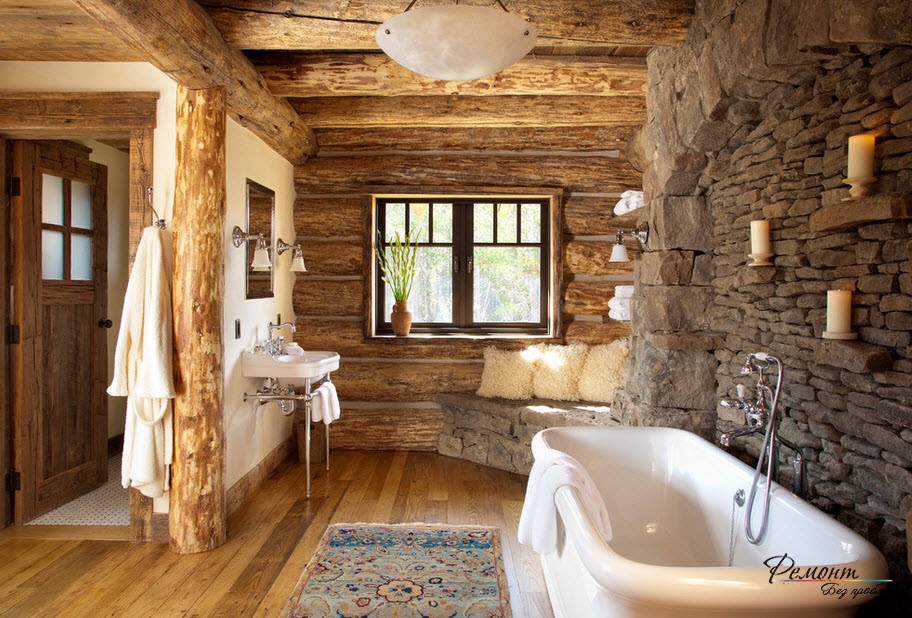 Грубый каменть в интерьере ванной комнаты в деревенском стиле